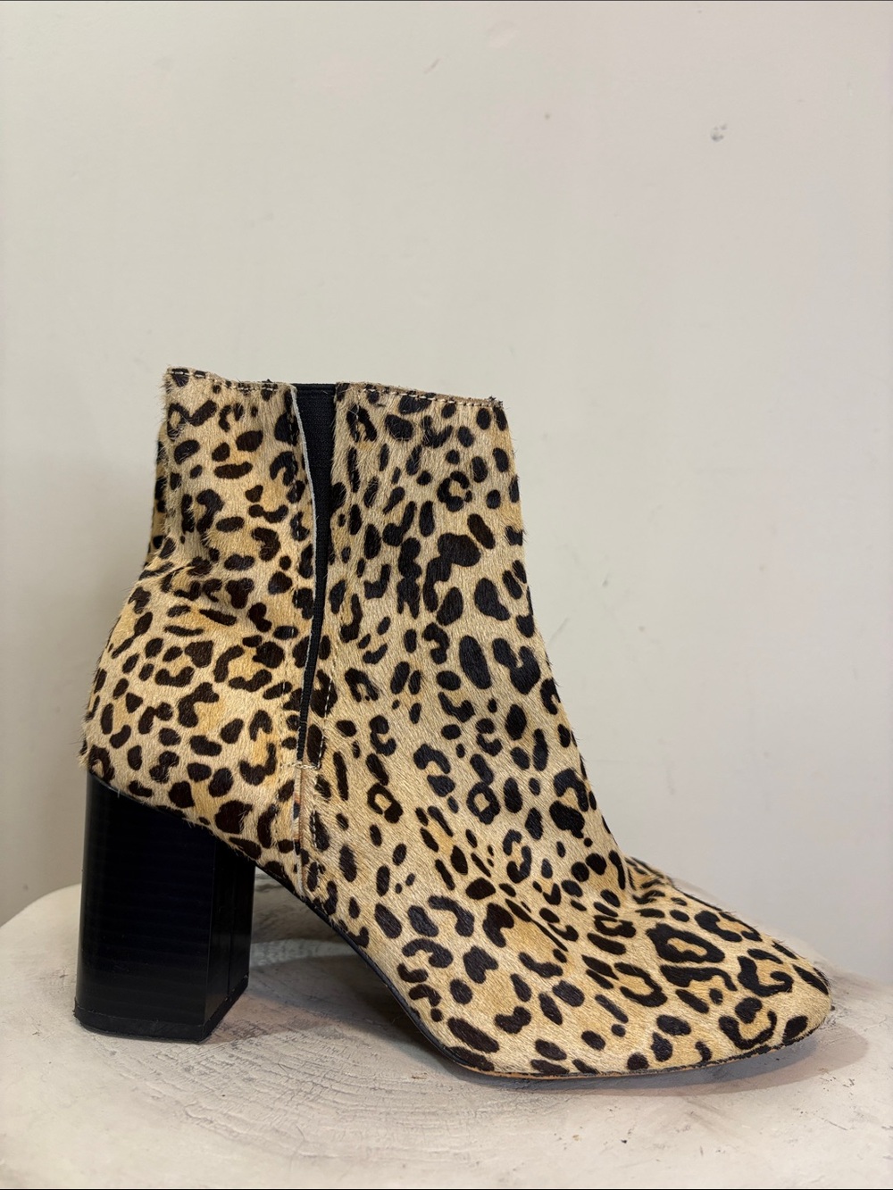 Halogen Abbi Calf Hair Leopard Print 3” Block Heel Side Zip Bootie Animal Print